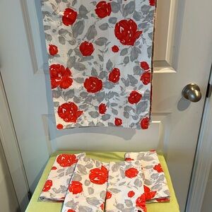 Kate Spade Red and Gray Garden Rose table runner and napkins